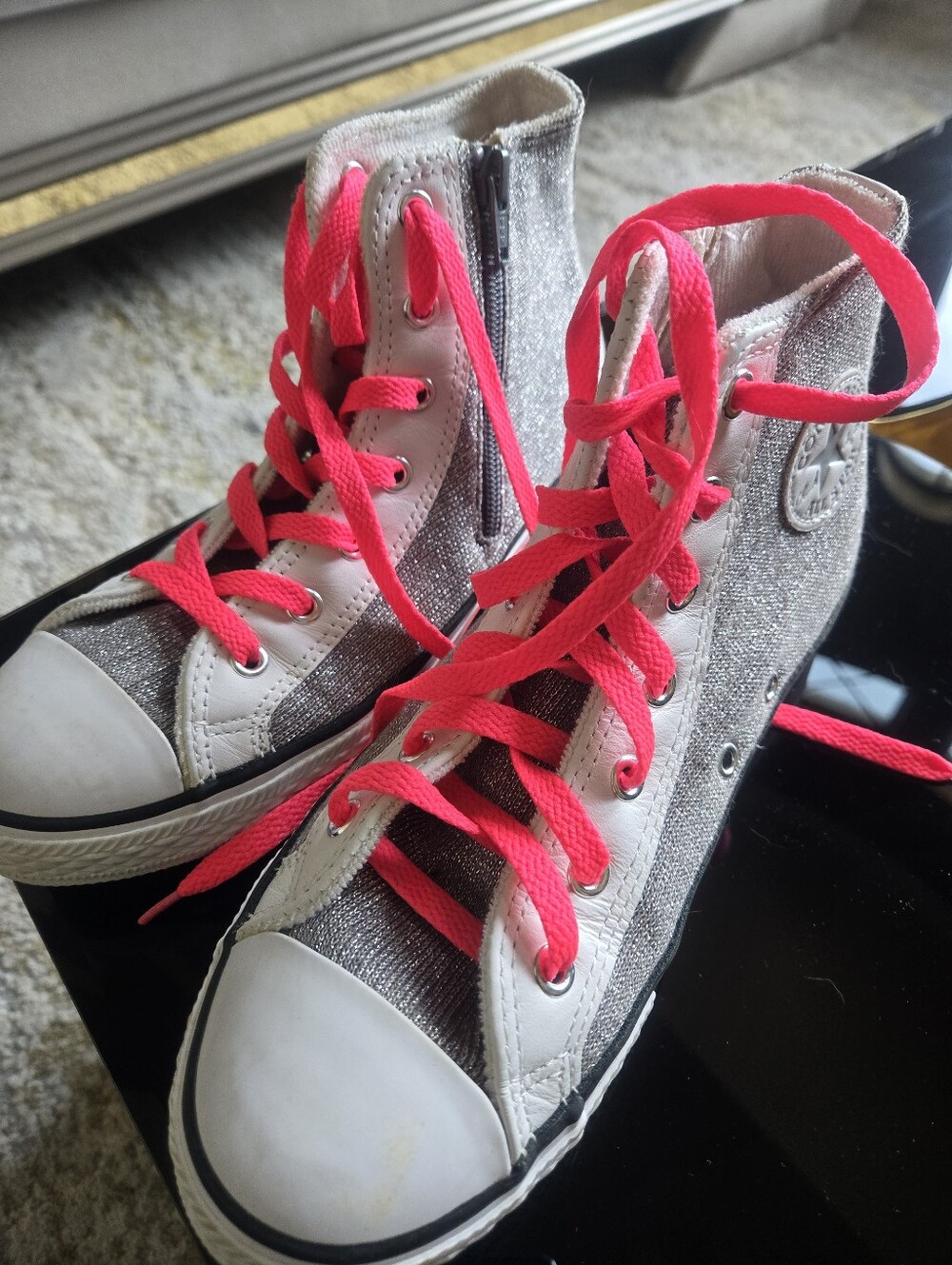 High-Top Sparkle Sneakers with Neon Pink Laces
